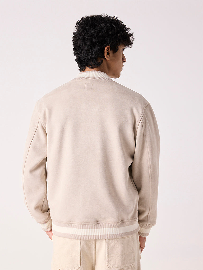 Boys Beige Text Design Varsity Jacket