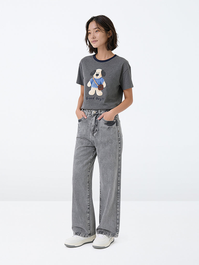 Girls Grey Washed Star Detail High-Rise Jeans