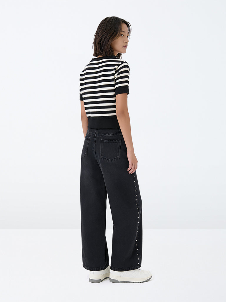 Girls Black Stud Detailed High-Rise Jeans