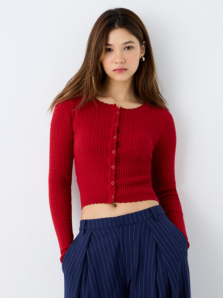 Nuon Red Cable-Knit Cotton Cardigan