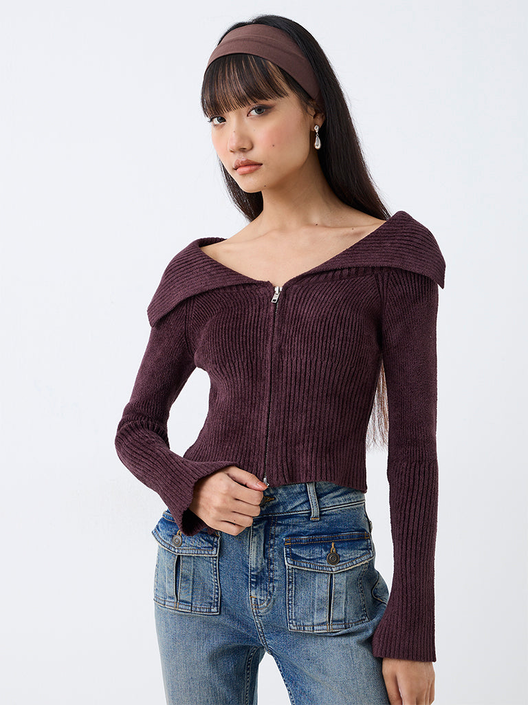 Nuon Dark Plum Ribbed Cardigan
