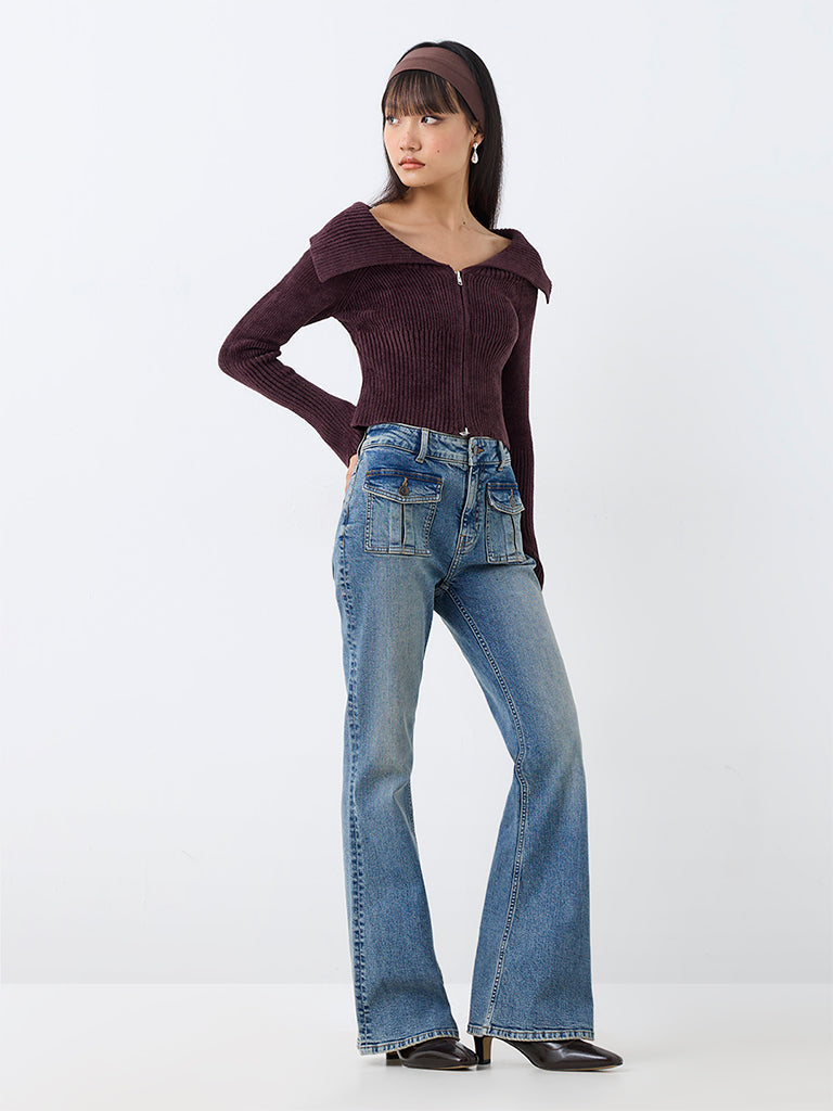Nuon Dark Plum Ribbed Cardigan