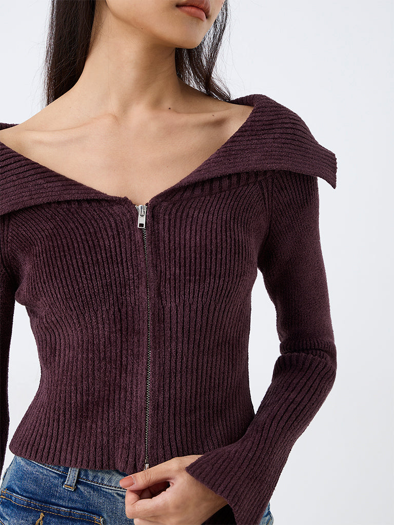 Nuon Dark Plum Ribbed Cardigan