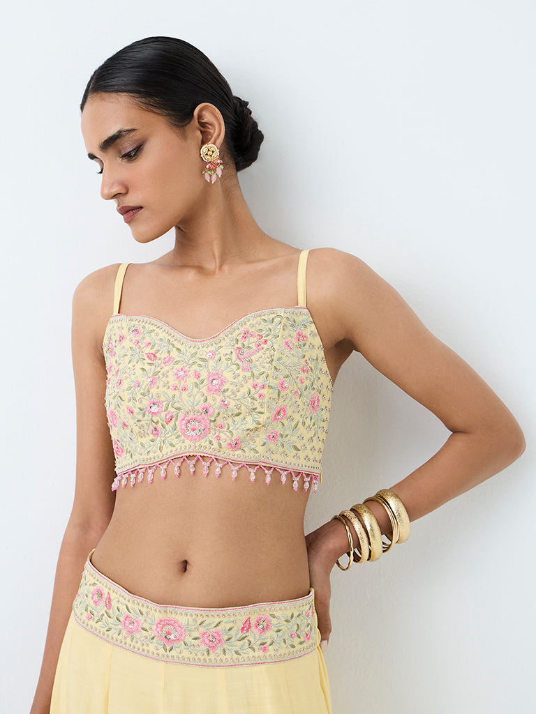 Vark Yellow Floral Embroidered Tassle-Detail Top