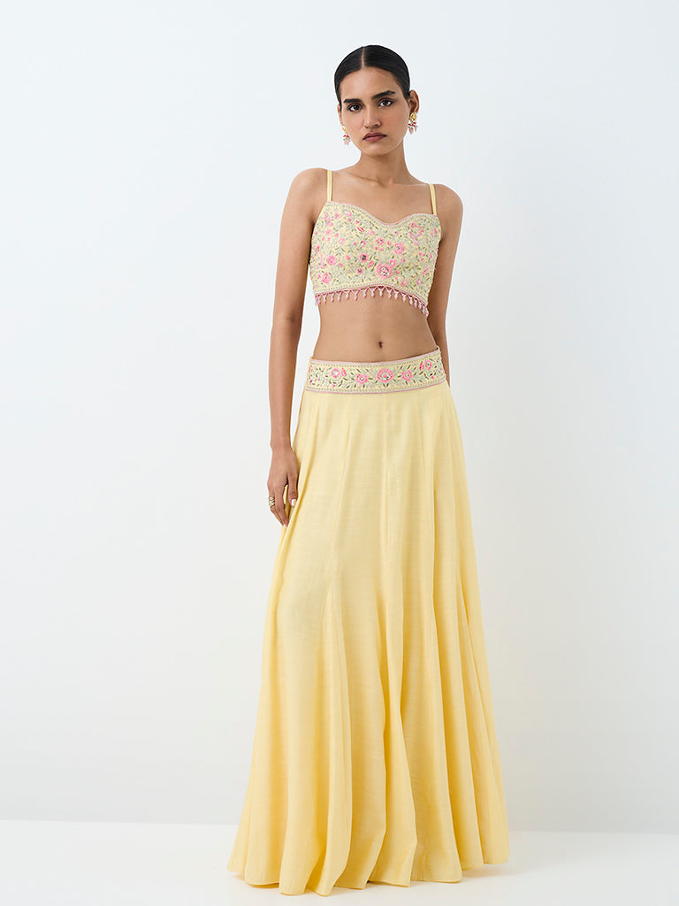 Vark Yellow Floral Embroidered Tassle-Detail Top