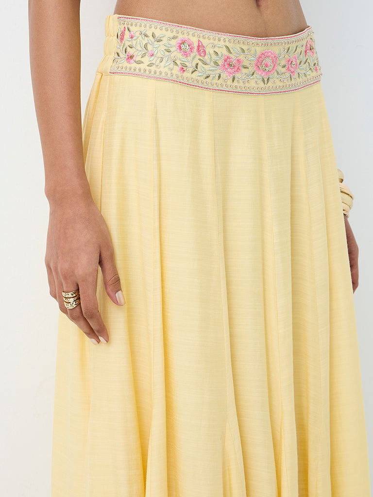 Vark Yellow Floral Embroidered Cotton Maxi Skirt