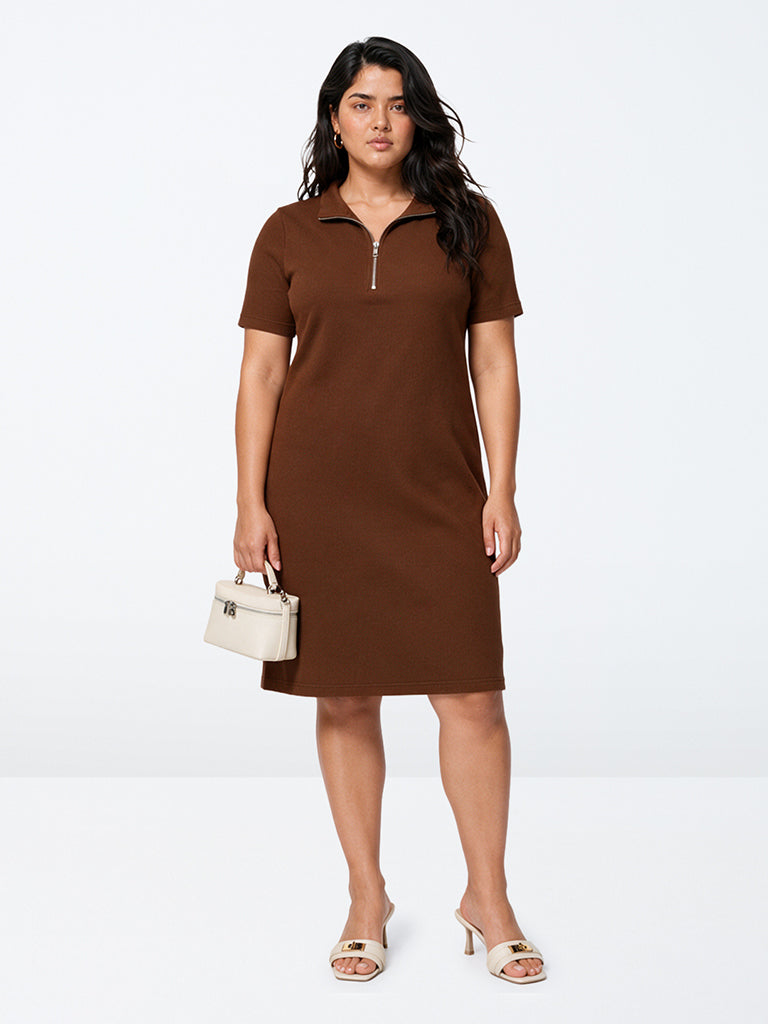 Gia Brown Ribbed-Textured Straight T-Shirt Dress