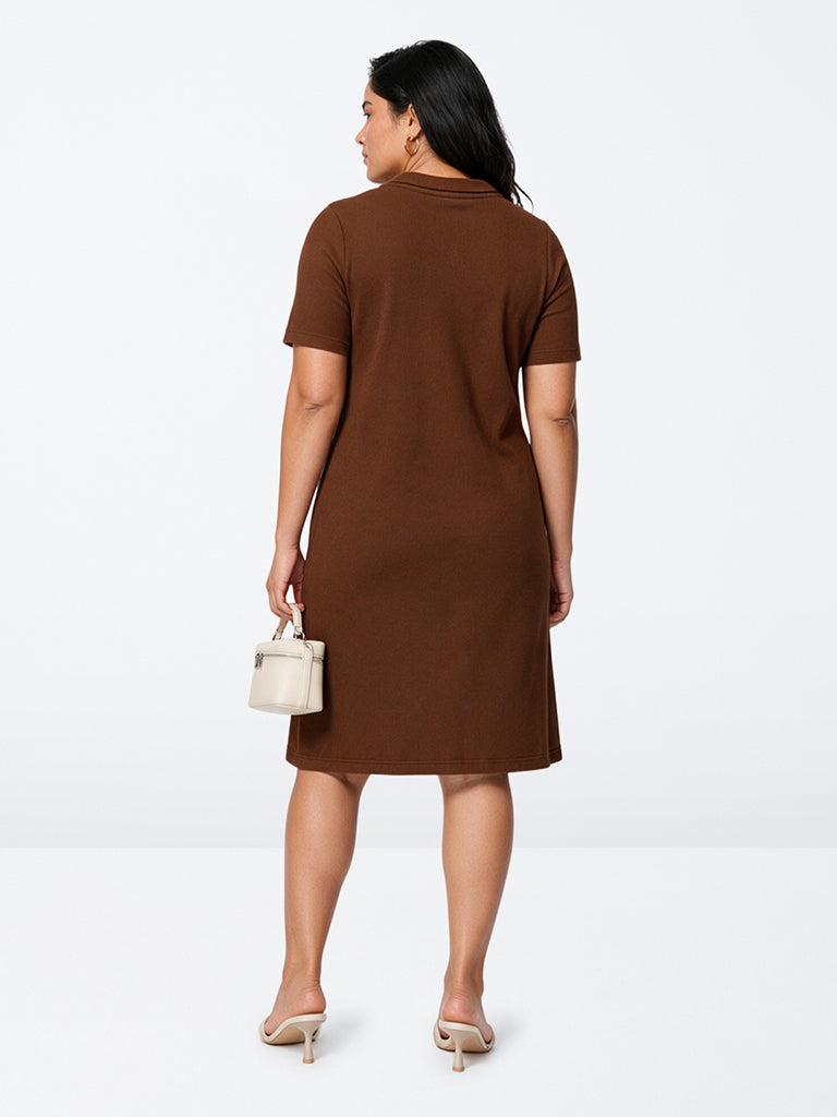Gia Brown Ribbed-Textured Straight T-Shirt Dress
