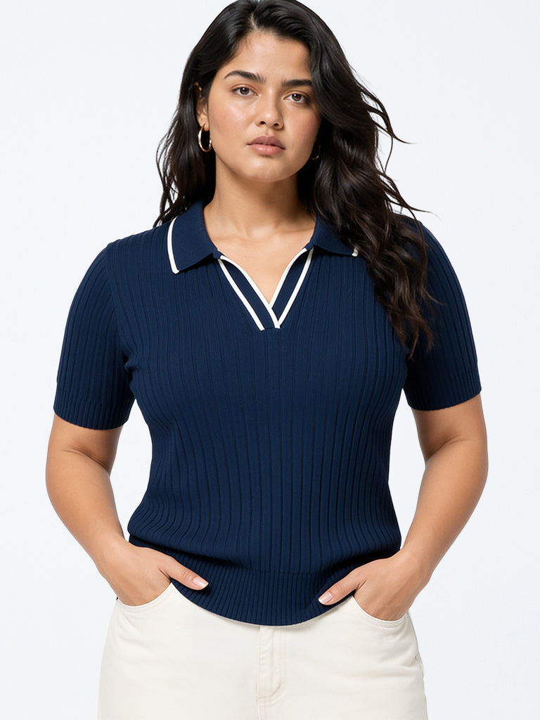 Gia Navy Rib-Textured Top