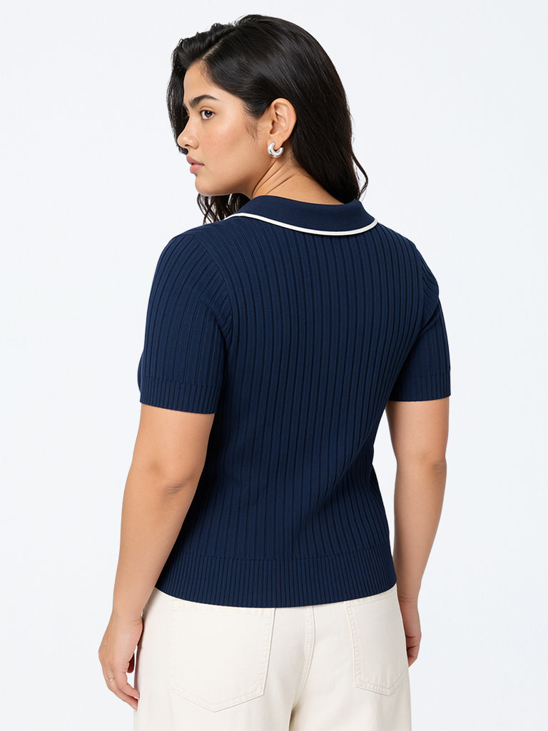 Gia Navy Rib-Textured Top