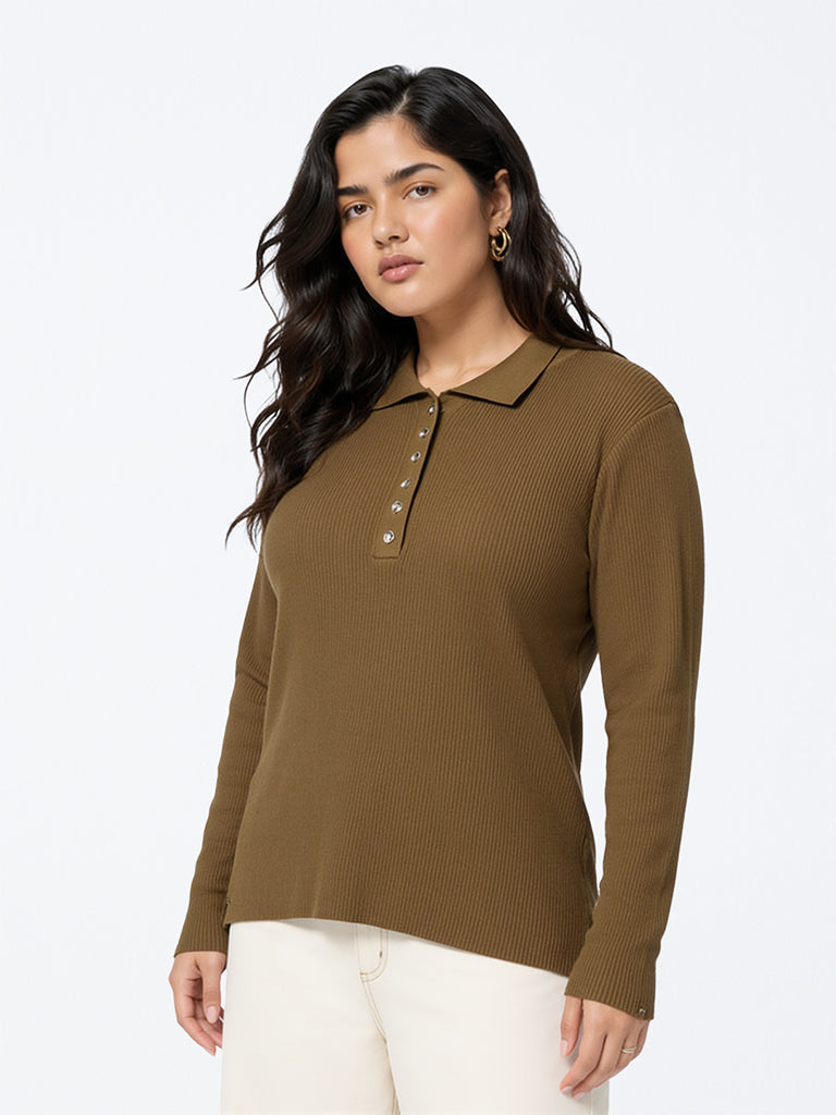 Gia Dark Brown Ribbed-Textured Polo Sweater