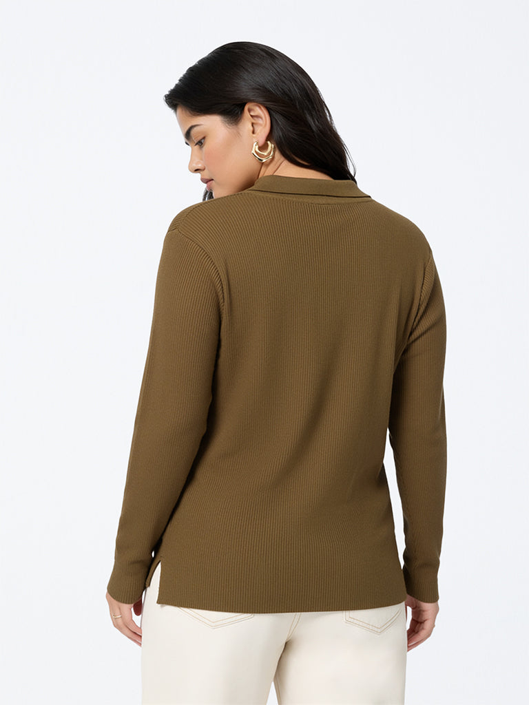 Gia Dark Brown Ribbed-Textured Polo Sweater