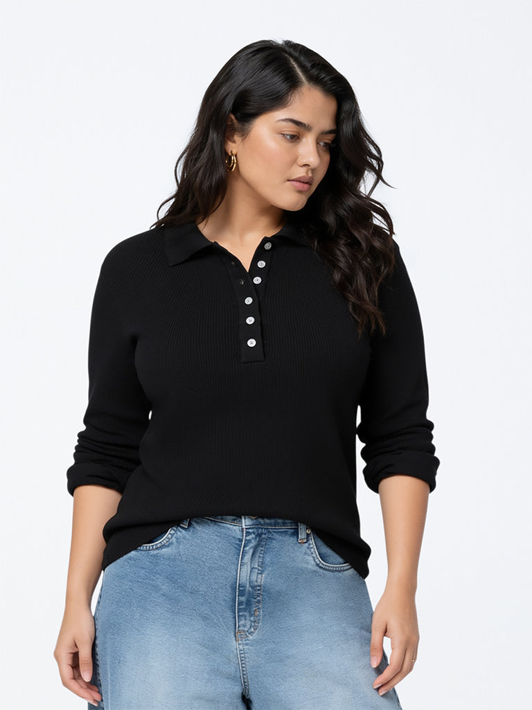 Gia Black Knit-Textured Polo Sweater