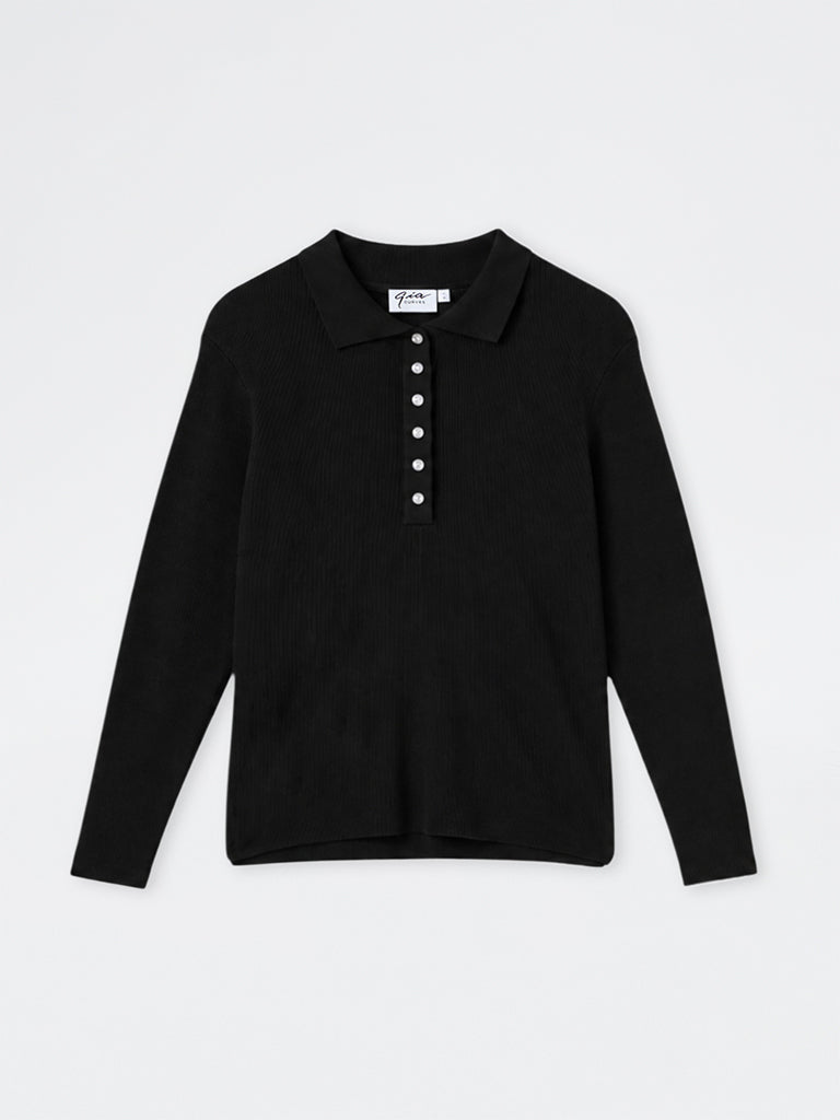 Gia Black Knit-Textured Polo Sweater