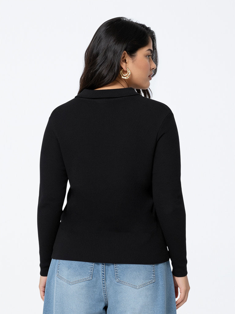 Gia Black Knit-Textured Polo Sweater