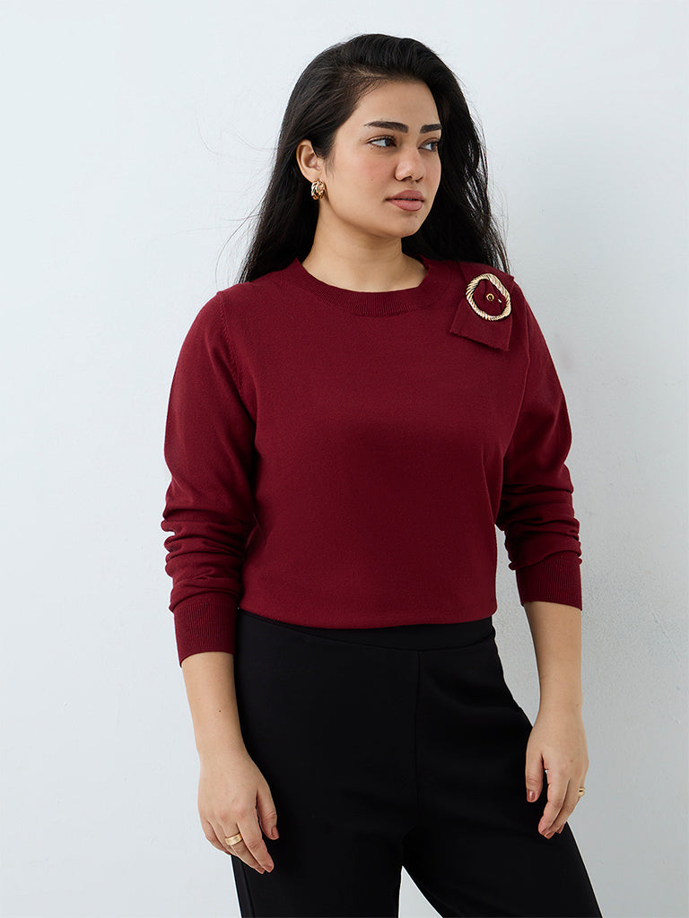 Gia Maroon Metal Buckle-Detail Knitted Sweater