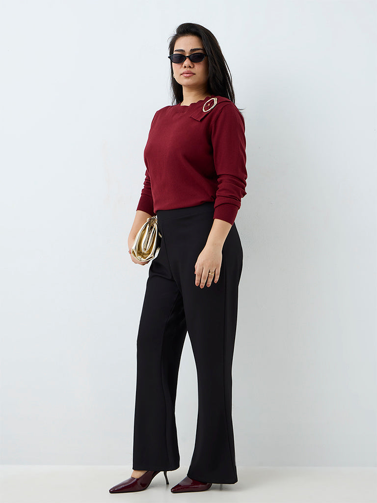 Gia Maroon Metal Buckle-Detail Knitted Sweater