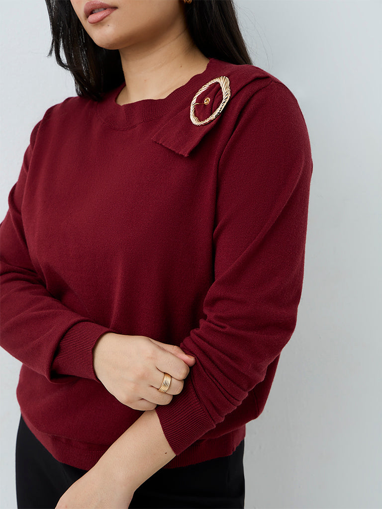 Gia Maroon Metal Buckle-Detail Knitted Sweater