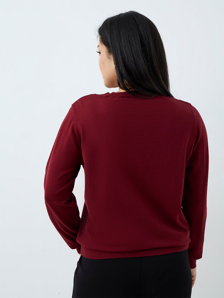 Gia Maroon Metal Buckle-Detail Knitted Sweater