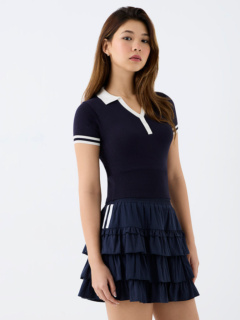 Nuon Navy Contrast-Detailed Top