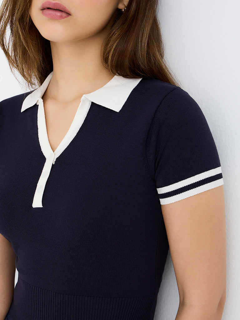 Nuon Navy Contrast-Detailed Top