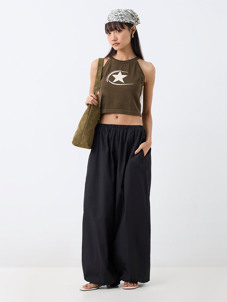 Nuon Dark Olive Star Printed Knitted Cotton Top