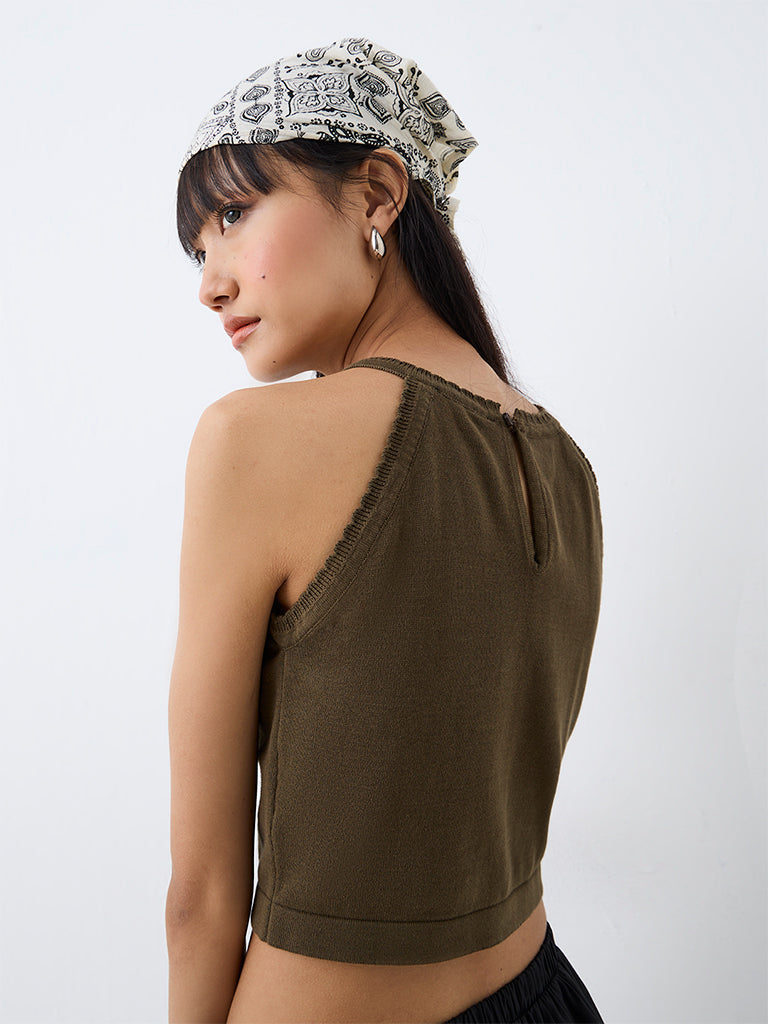 Nuon Dark Olive Star Printed Knitted Cotton Top
