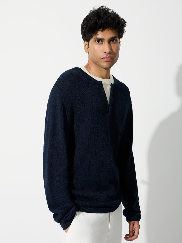 ETA Navy Textured Relaxed-Fit Cotton T-Shirt