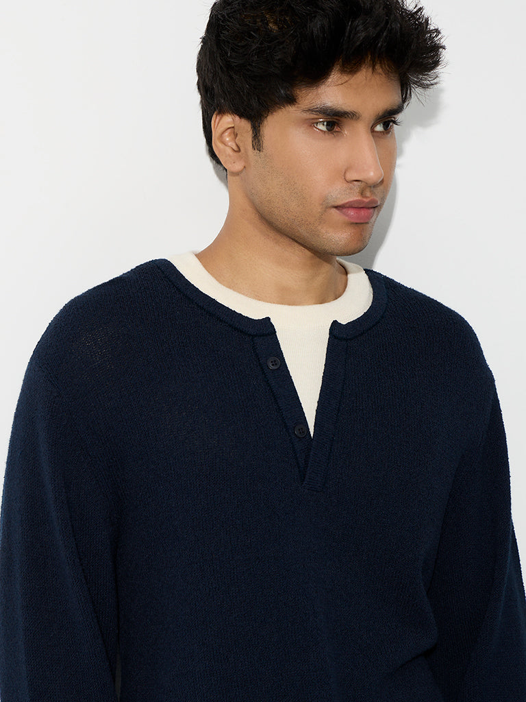 ETA Navy Textured Relaxed-Fit Cotton T-Shirt
