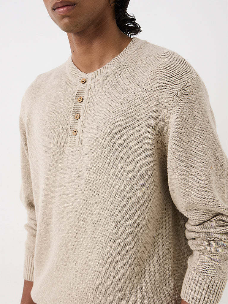 ETA Beige Melange Knit-Textured Relaxed-Fit Cotton Henley Sweater