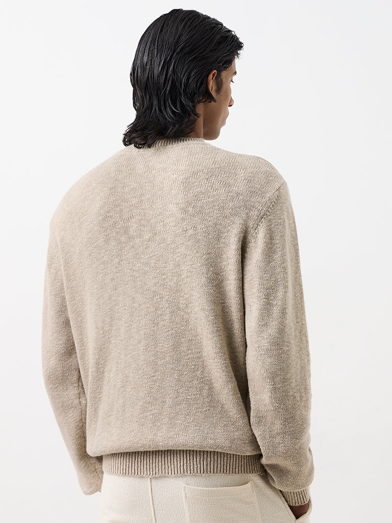 ETA Beige Melange Knit-Textured Relaxed-Fit Cotton Henley Sweater