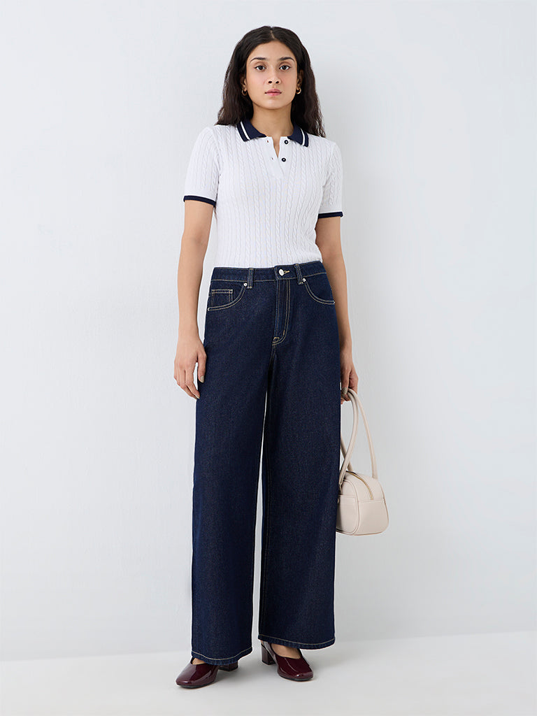 Nuon White Cable-Knitted Cotton Polo T-Shirt
