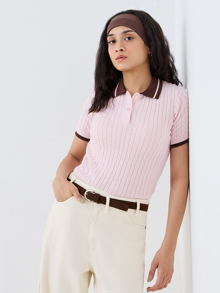 Nuon Light Pink Cable-Knitted Cotton Polo T-Shirt