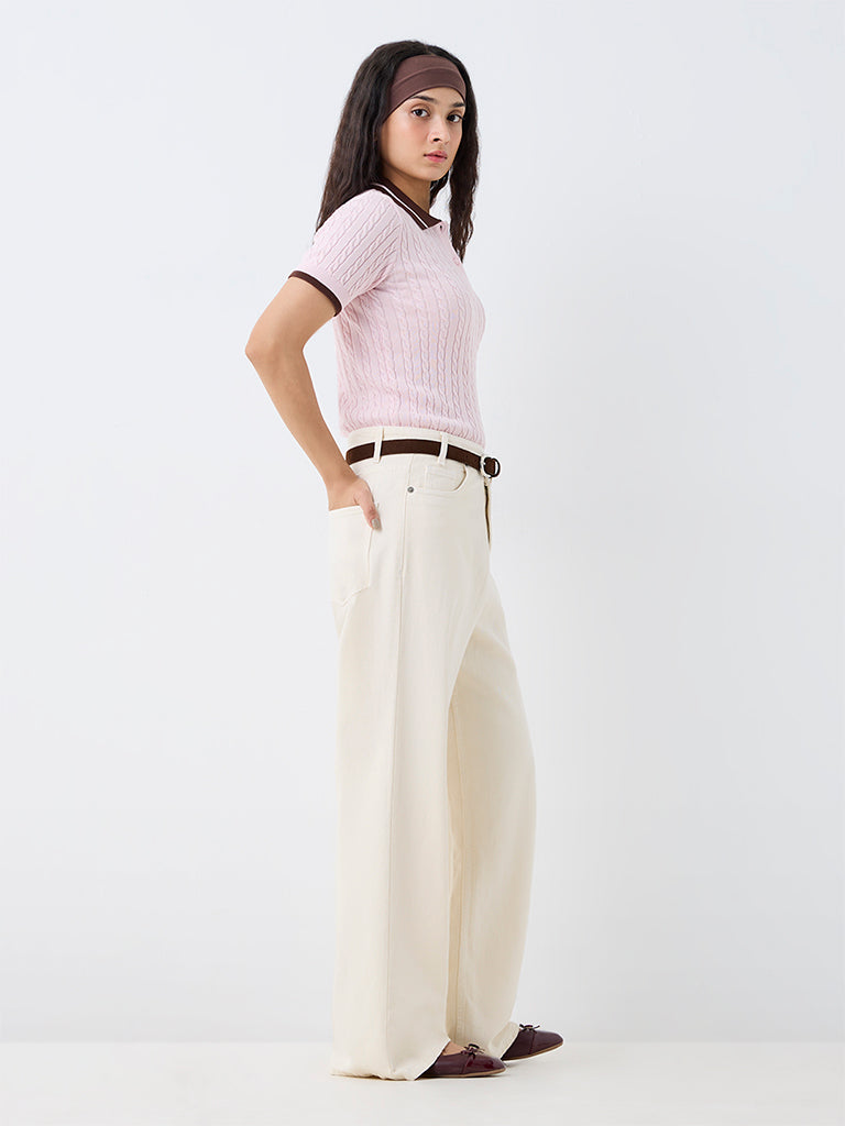 Nuon Light Pink Cable-Knitted Cotton Polo T-Shirt