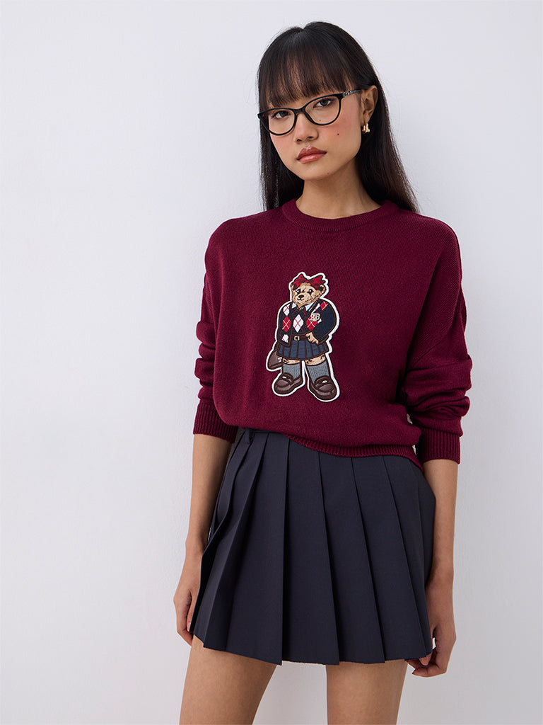Nuon Burgundy Teddy-Detail Ribbed-Knit T-Shirt