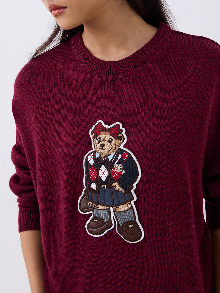 Nuon Burgundy Teddy-Detail Ribbed-Knit T-Shirt