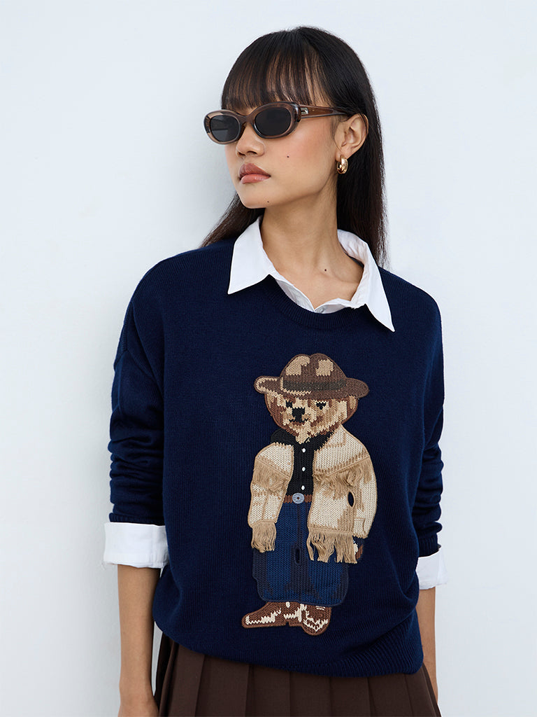 Nuon Navy Teddy Embroidered Knitted Sweater