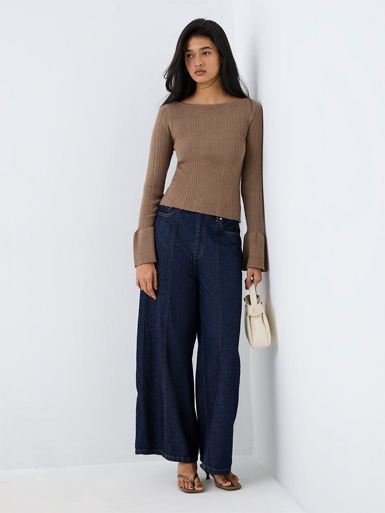LOV Taupe Ribbed-Textured Top
