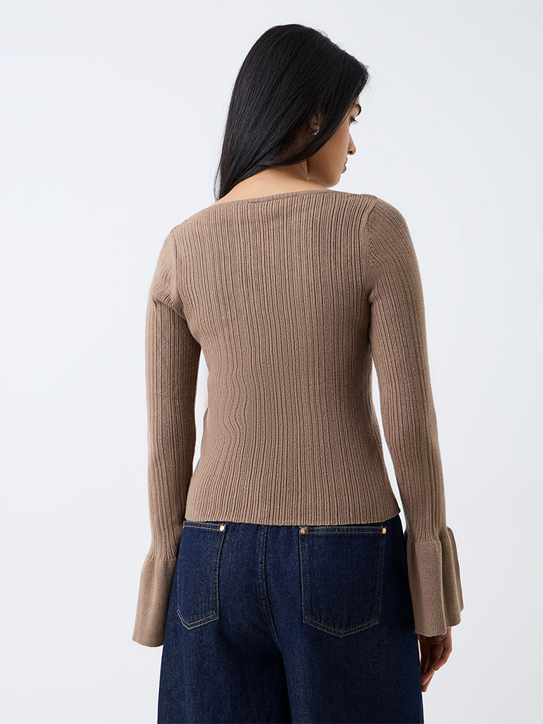 LOV Taupe Ribbed-Textured Top
