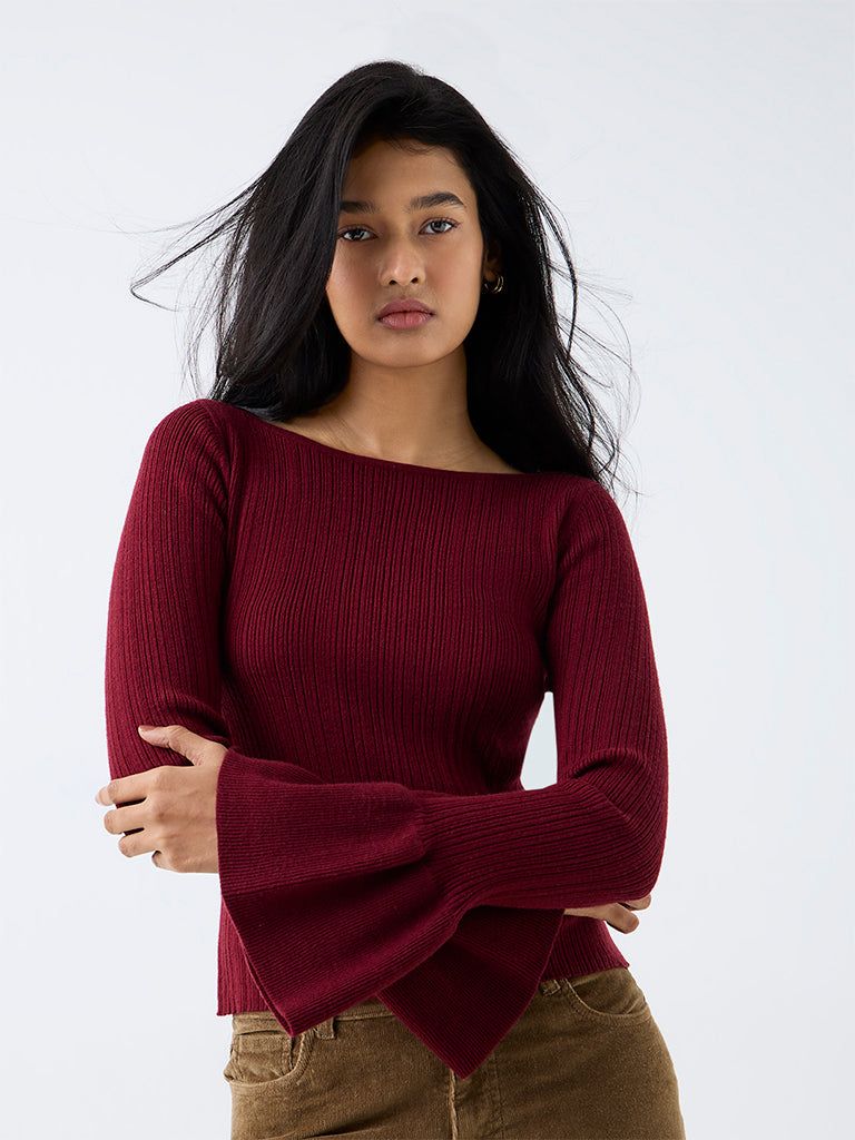 LOV Maroon Ribbed-Textured Top