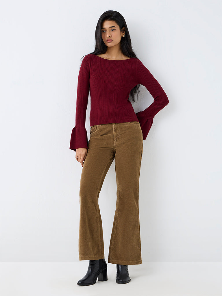 LOV Maroon Ribbed-Textured Top