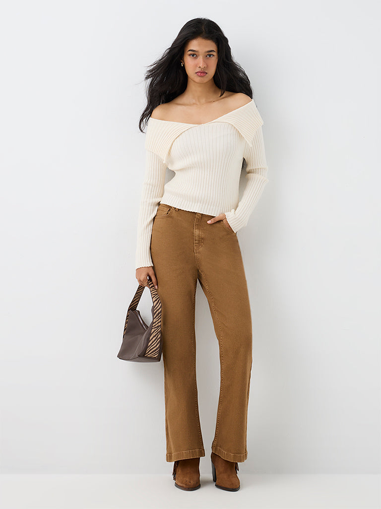 LOV Cream Ribbed-Knit Off-Shoulder Top
