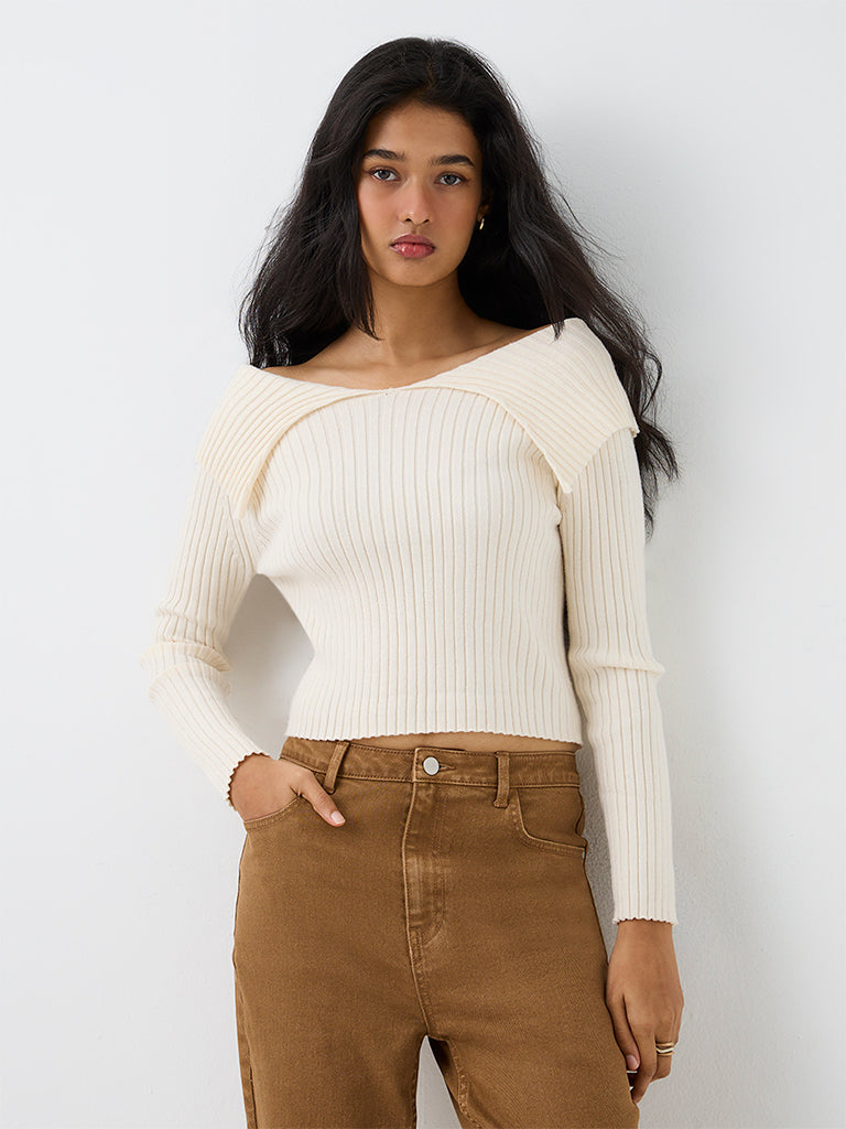 LOV Cream Ribbed-Knit Off-Shoulder Top
