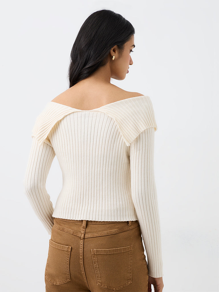 LOV Cream Ribbed-Knit Off-Shoulder Top
