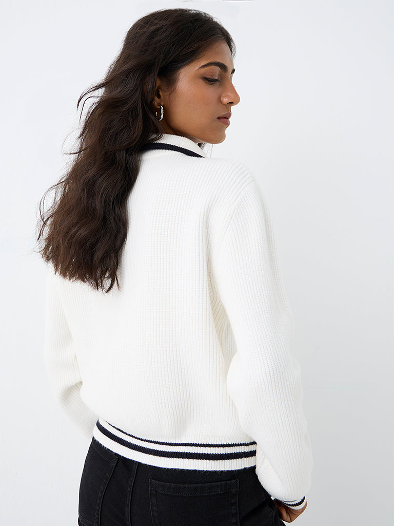 LOV White Ribbed-Knit Quarter-Zip Cardigan