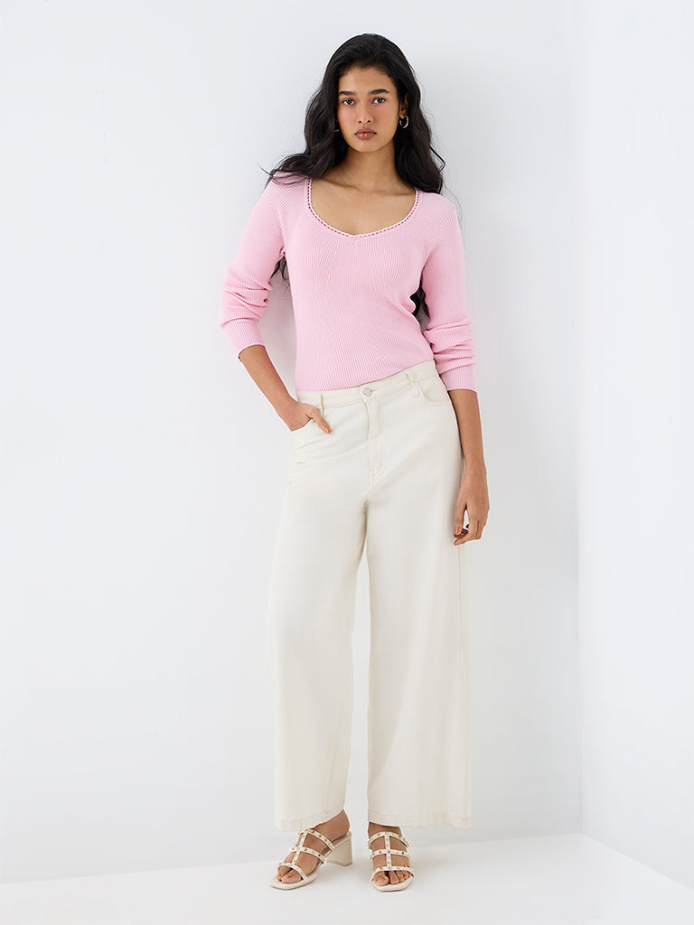 LOV Light Pink Rib-Knitted Top
