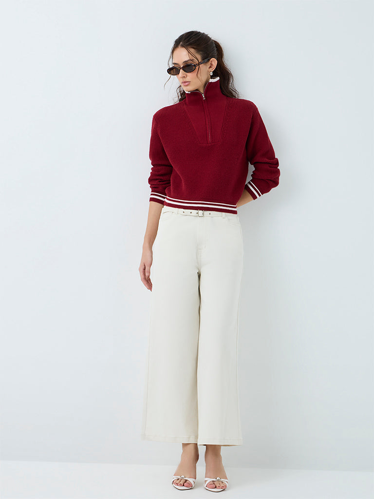 LOV Burgundy Knitted Quarter Zip Sweater