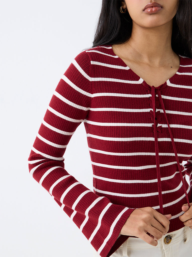 LOV Red Striped Ribbed-Textured Top