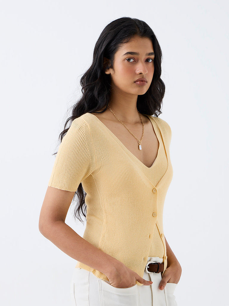 LOV Light Yellow Ribbed Layered Top