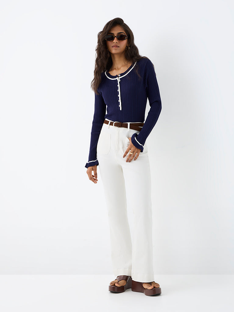 LOV Navy Ribbed-Textured Top